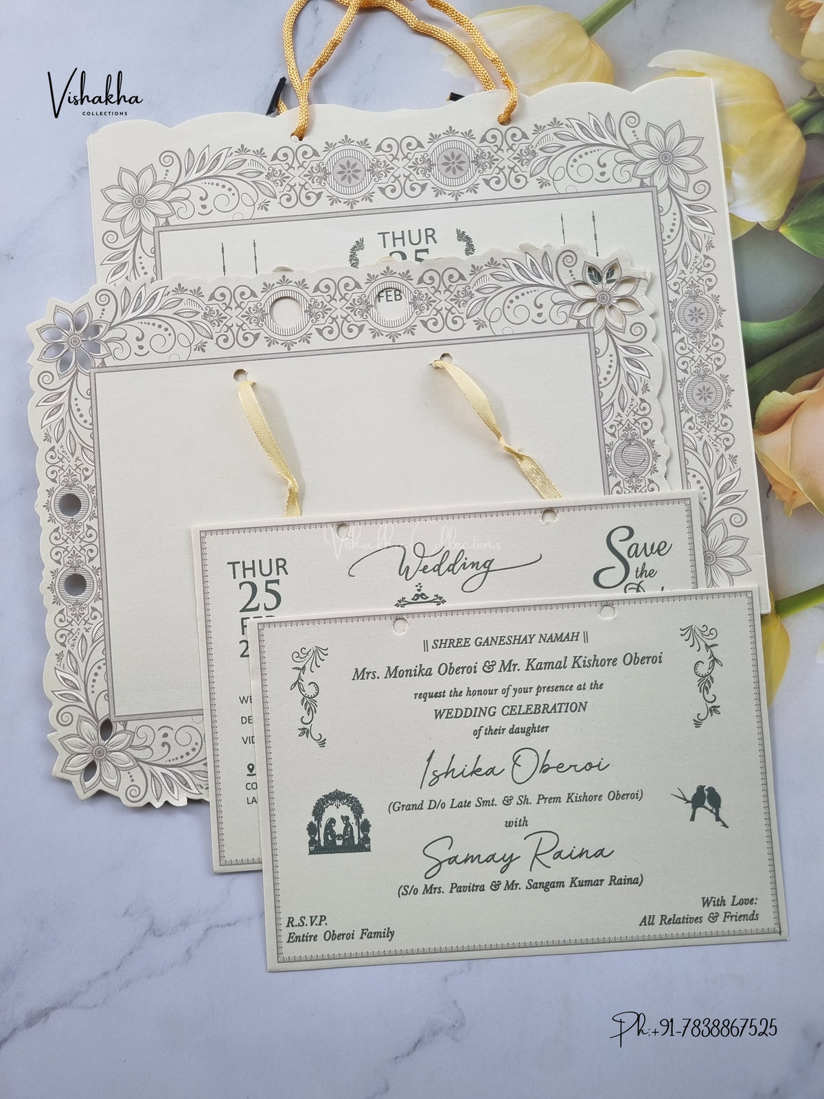 Semi Box Ribbon Carry Bag Flower Hindu Muslim Christian Sikh Jain invitation Cards ATS-1820 – image 3