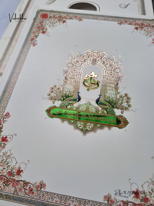 Semi Box Padded Ganesh Ji Peacock Flower Hindu Jain invitation Cards ATS-271 – image 2