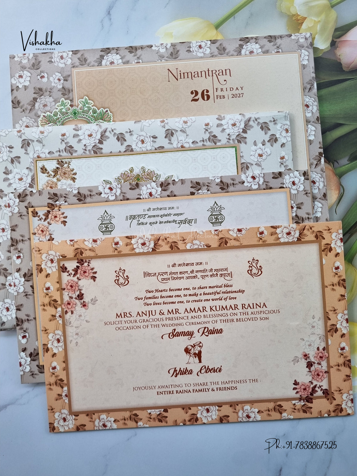 Semi Box Padded Flower 3D Pop Up Hindu Muslim Christian Sikh Jain invitation Cards ATS-274 – image 3