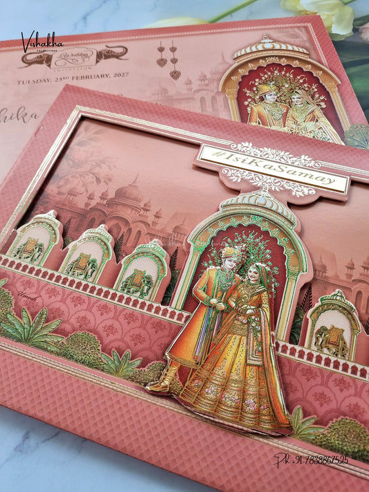 Semi Box Padded Dulah Dulhan 3D Pop Up Haveli Hindu Sikh Jain invitation Cards ATS-276 – image 2