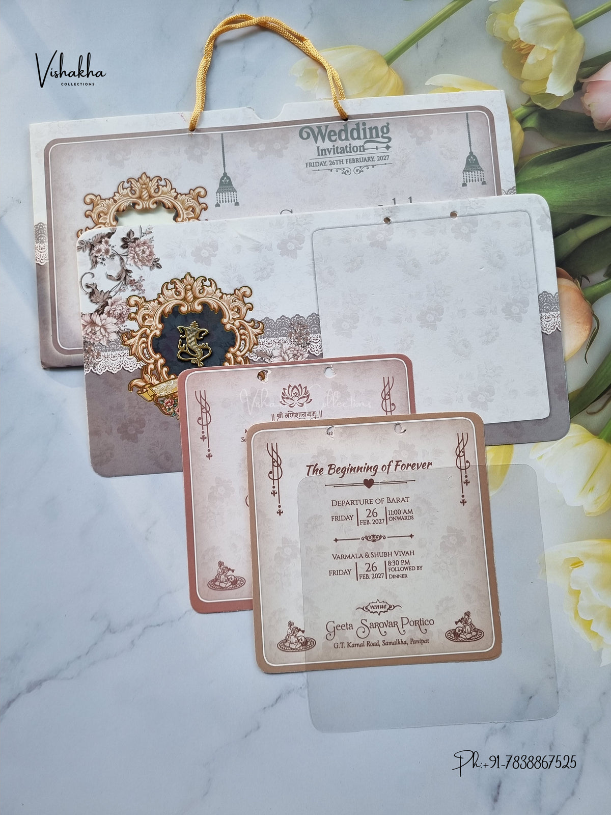 Ribbon Flower Ganesh Ji Hindu Jain invitation Cards ATS-4242 – image 3