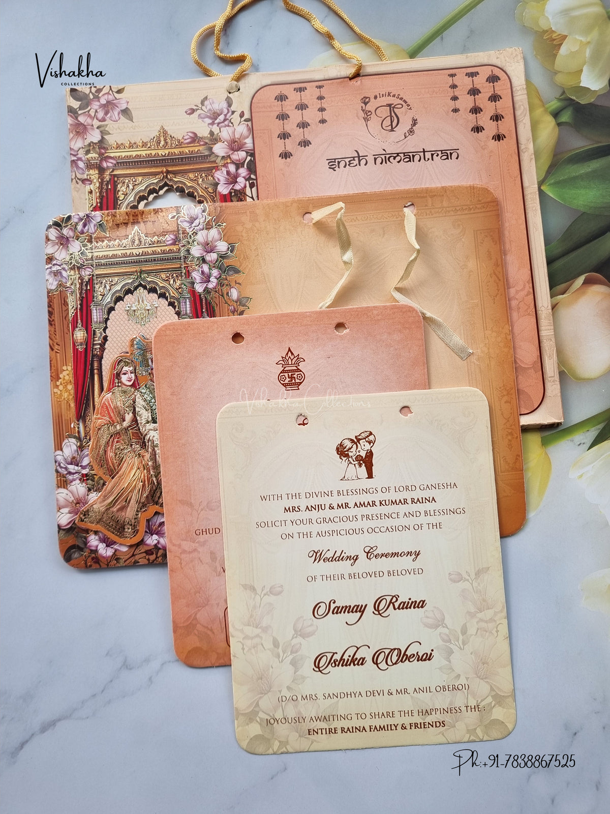 Semi Box Ribbon Carry Bag Dulah Dulhan 3D Pop Up Hindu Sikh Jain invitation Cards ATS-4252 – image 3