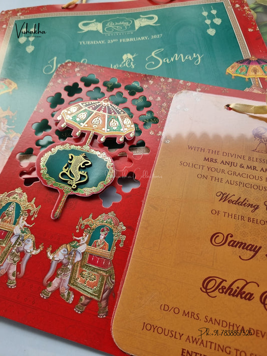 Semi Box Ribbon Carry Bag Ganesh Ji Dulah Dulhan 3D Pop Up Hindu Jain invitation Cards ATS-4258 – image 2