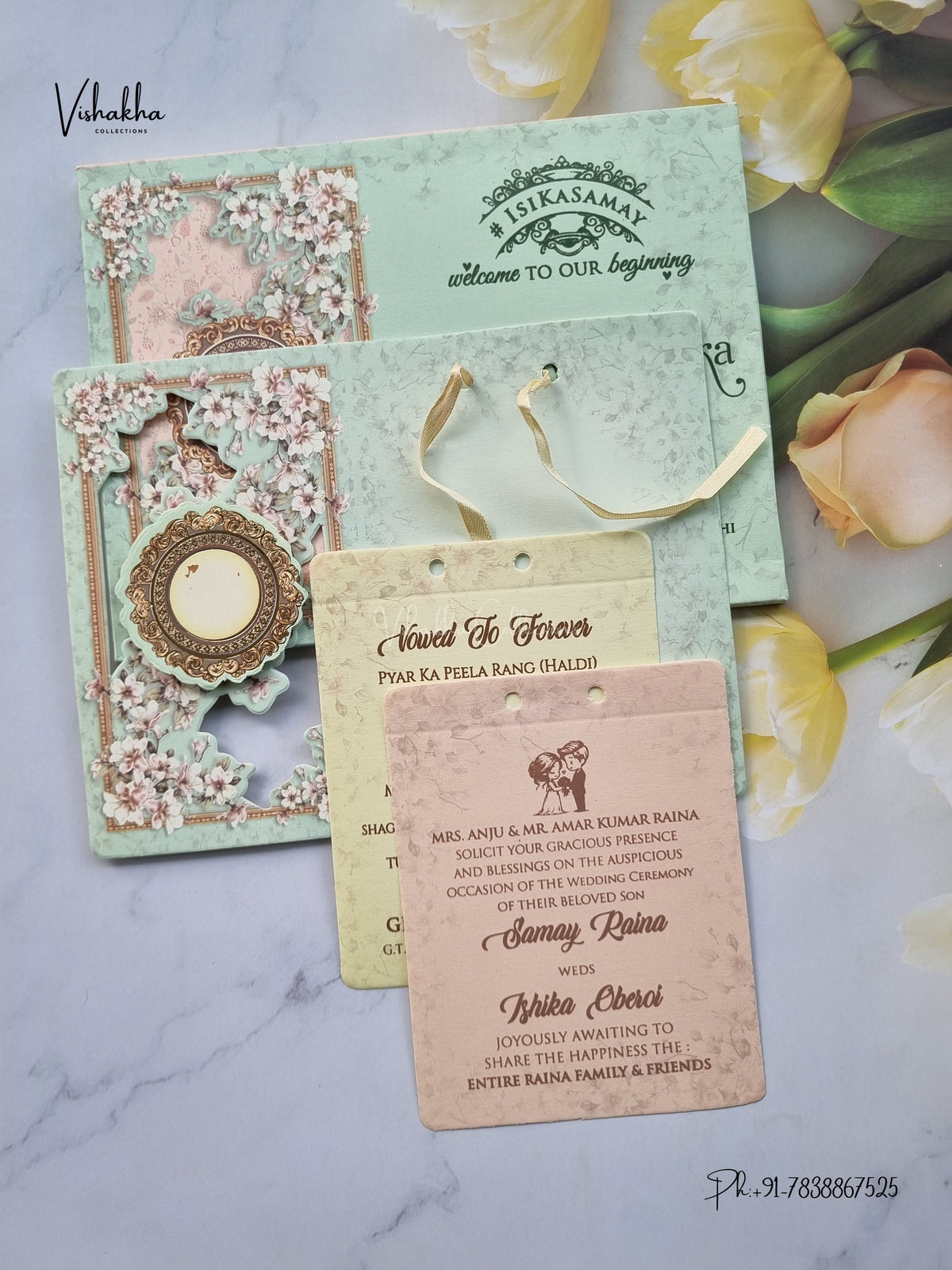 Semi Box Ribbon Flower 3D Pop Up Hindu Muslim Christian Sikh Jain invitation Cards ATS-4307 – image 3
