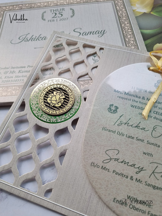 Semi Box Ribbon Ganesh Ji Geometric Hindu Jain invitation Cards ATS-4326 – image 2