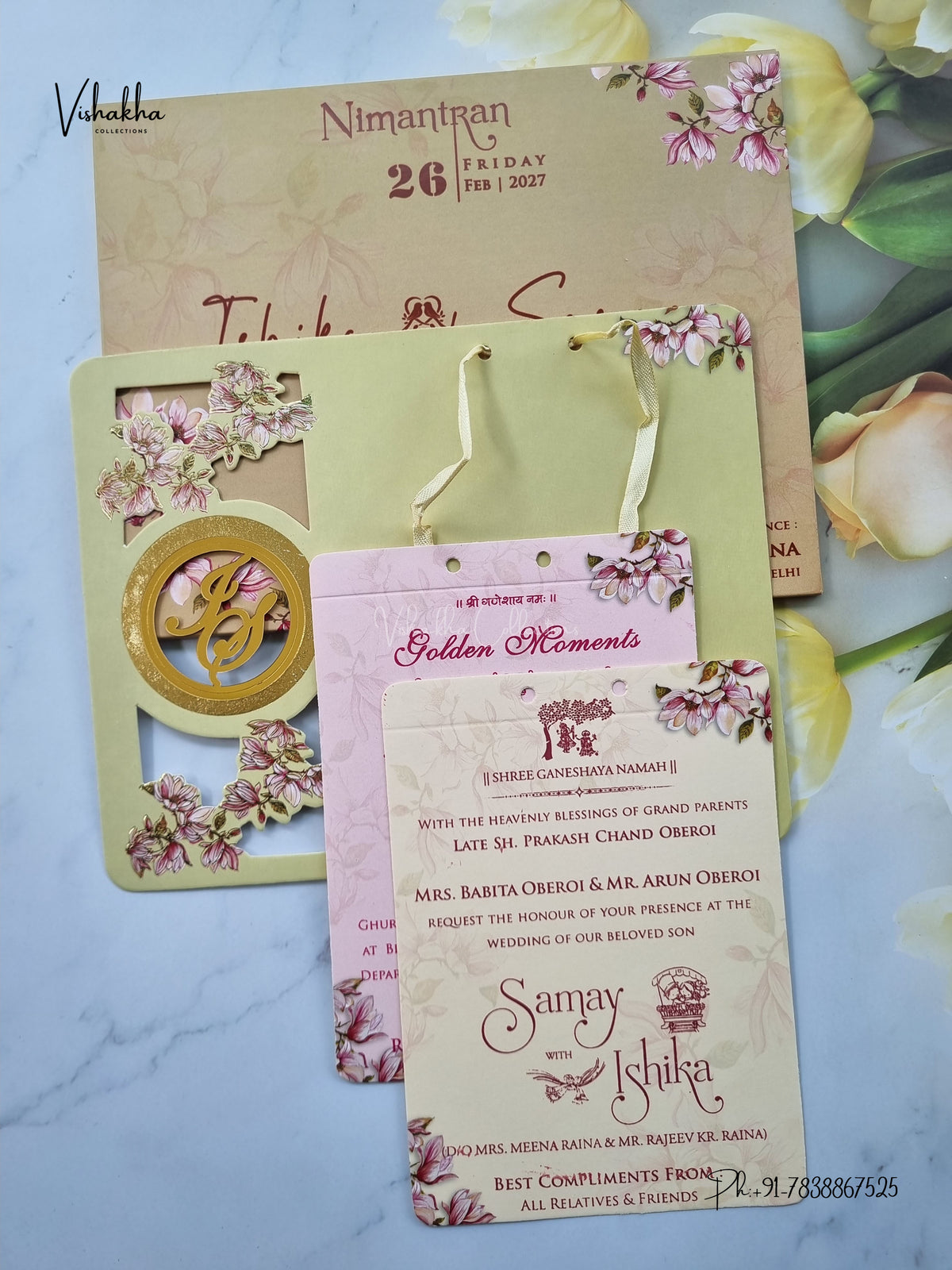 Semi Box Acrylic Ribbon Flower Hindu Muslim Christian Sikh Jain invitation Cards ATS-4328 – image 3