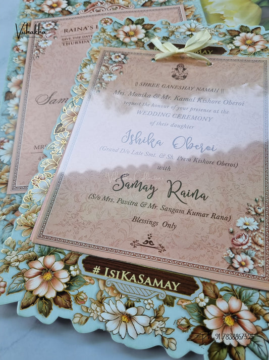 Semi Box Ribbon Carry Bag Flower Hindu Muslim Christian Sikh Jain invitation Cards ATS-4338 – image 2
