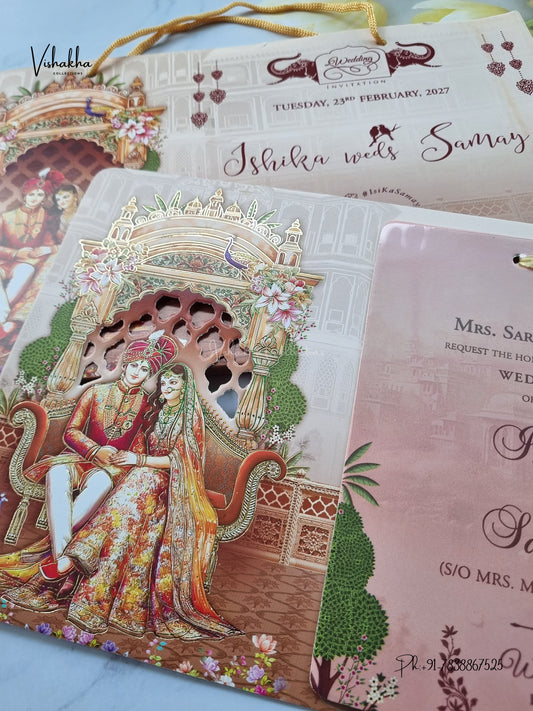 Semi Box Ribbon Carry Bag Dulah Dulhan Hindu Sikh Jain invitation Cards ATS-4339 – image 2