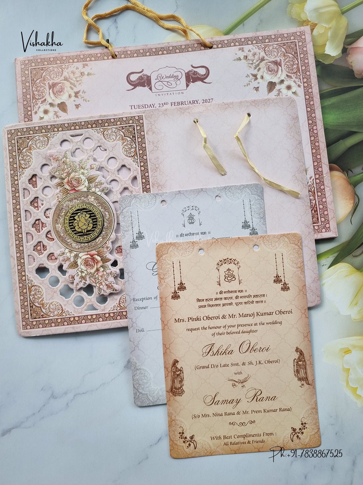 Semi Box Ribbon Carry Bag Ganesh Ji Flower Hindu Jain invitation Cards ATS-4345 – image 3