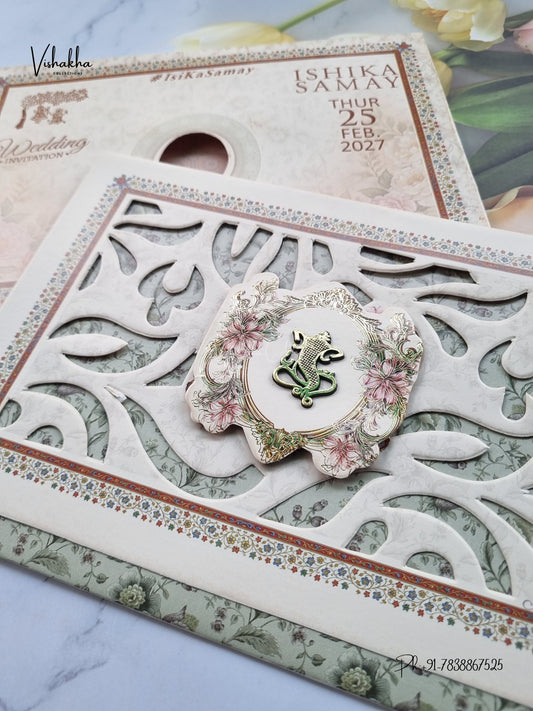 Semi Box Three Fold Ganesh Ji Flower Hindu Jain invitation Cards ATS-5338 – image 2