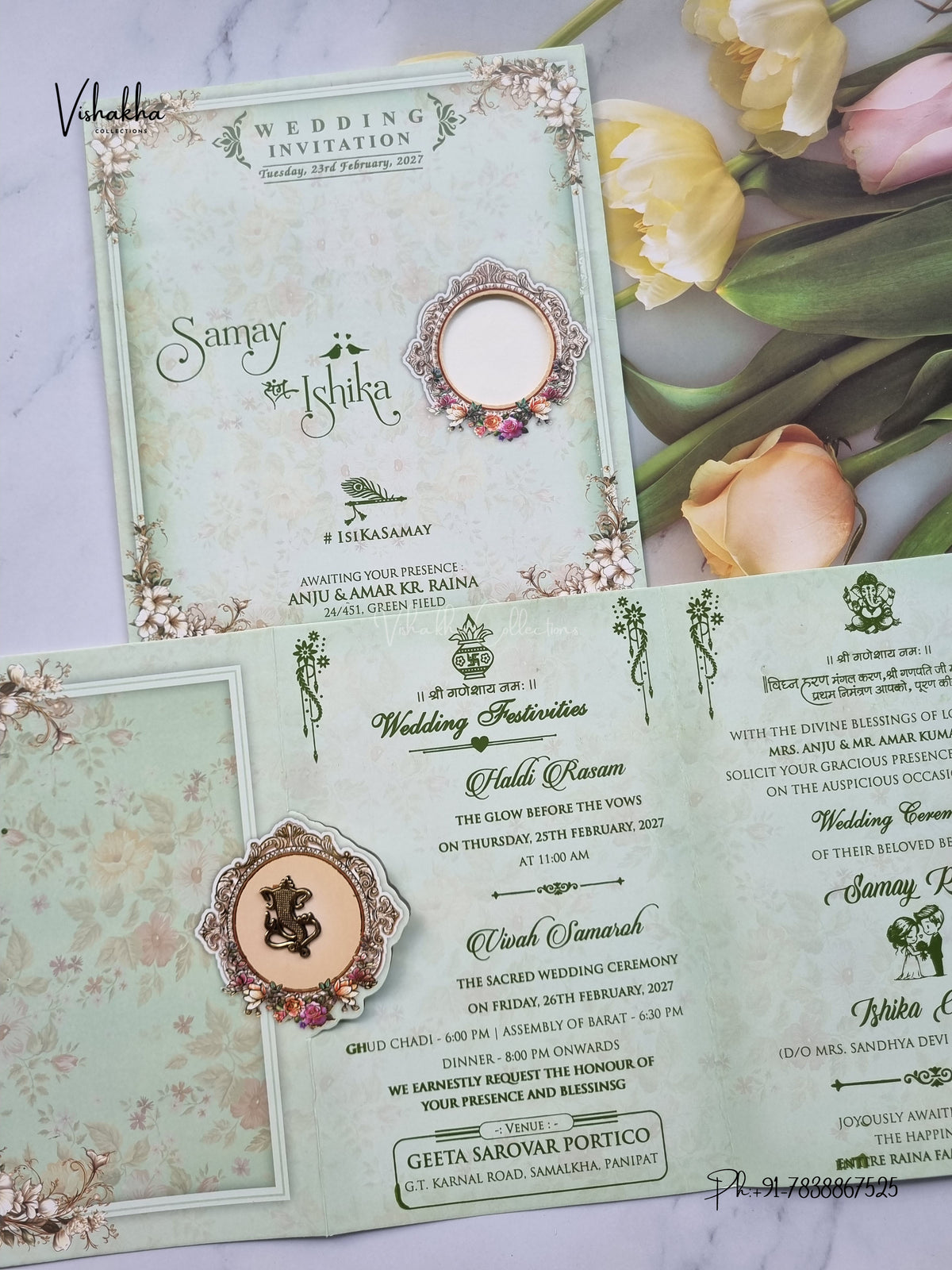 Three Fold Direct Card Flower Ganesh Ji Hindu Jain invitation Cards ATS-9344 – image 3
