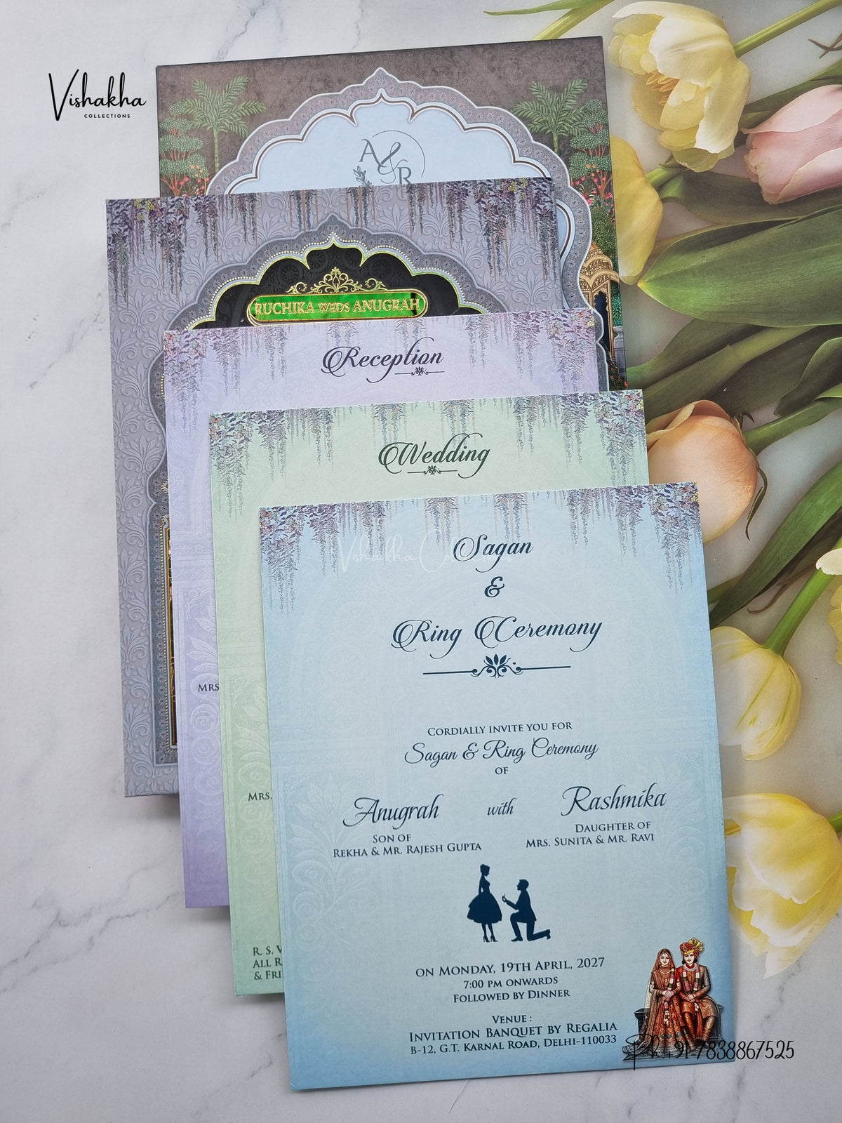 Acrylic Dulah Dulhan Jharokha Peacock Hindu Sikh Jain invitation Cards CR-1907 – image 3