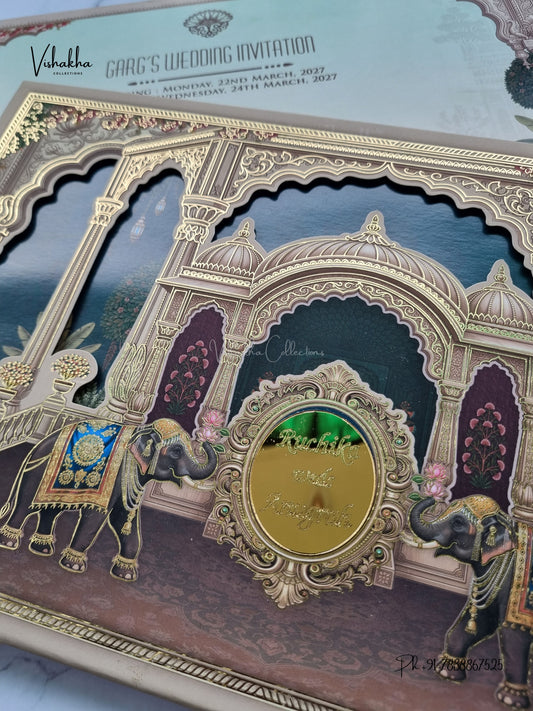 Semi Box Acrylic Raj Mahal Jharokha Hathi Hindu Muslim Christian Sikh Jain invitation Cards CR-1946 – image 2