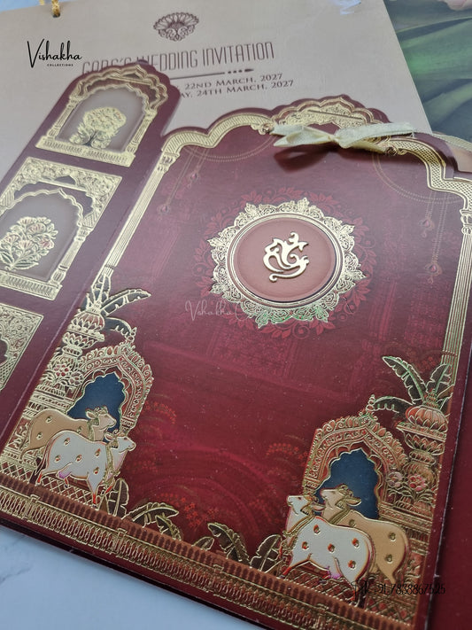 Carry Bag Ribbon Ganesh Ji Jharokha Kamdhenu Cow Hindu Jain invitation Cards CR-440 – image 2