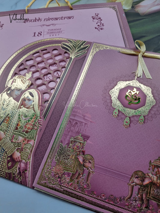 Laser Cut Carry Bag Ribbon Ganesh Ji Dulah Dulhan Jaali Hindu Jain invitation Cards CR-441 – image 2