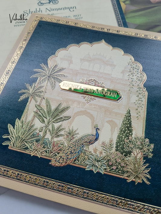 Acrylic Peacock Jharokha Banana Tree Hindu Muslim Christian Sikh Jain invitation Cards CR-458 – image 2