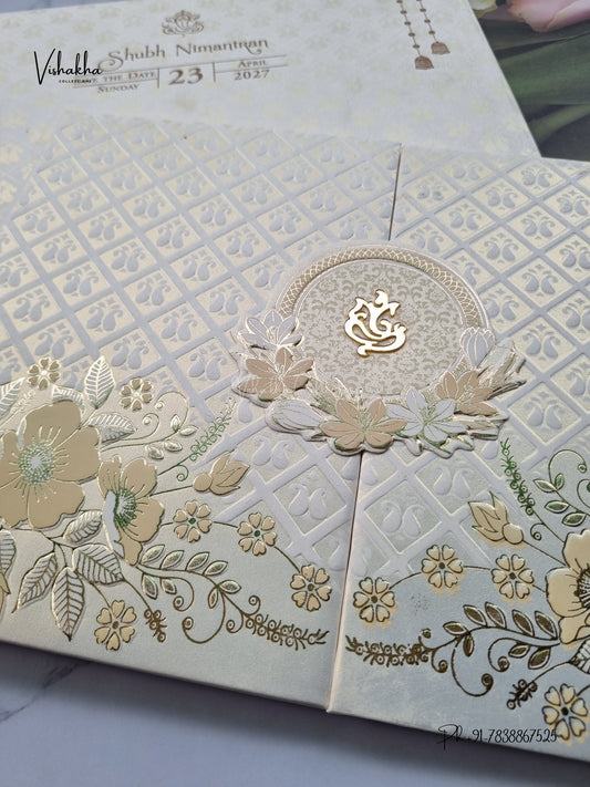 Semi Box Acrylic Double Door Ganesh Ji Flower Hindu Jain invitation Cards CR-710 – image 2