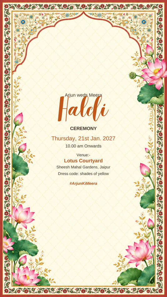 Haldi ceremony e-invite on cream with pink lotus, gold-illuminated arch and red floral border, EINV-005