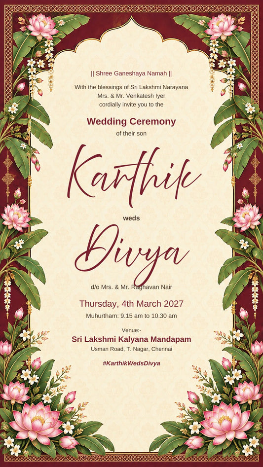 South Indian wedding invitation e-card in maroon and ivory with pink lotus, jasmine and banana leaves, EINV-007
