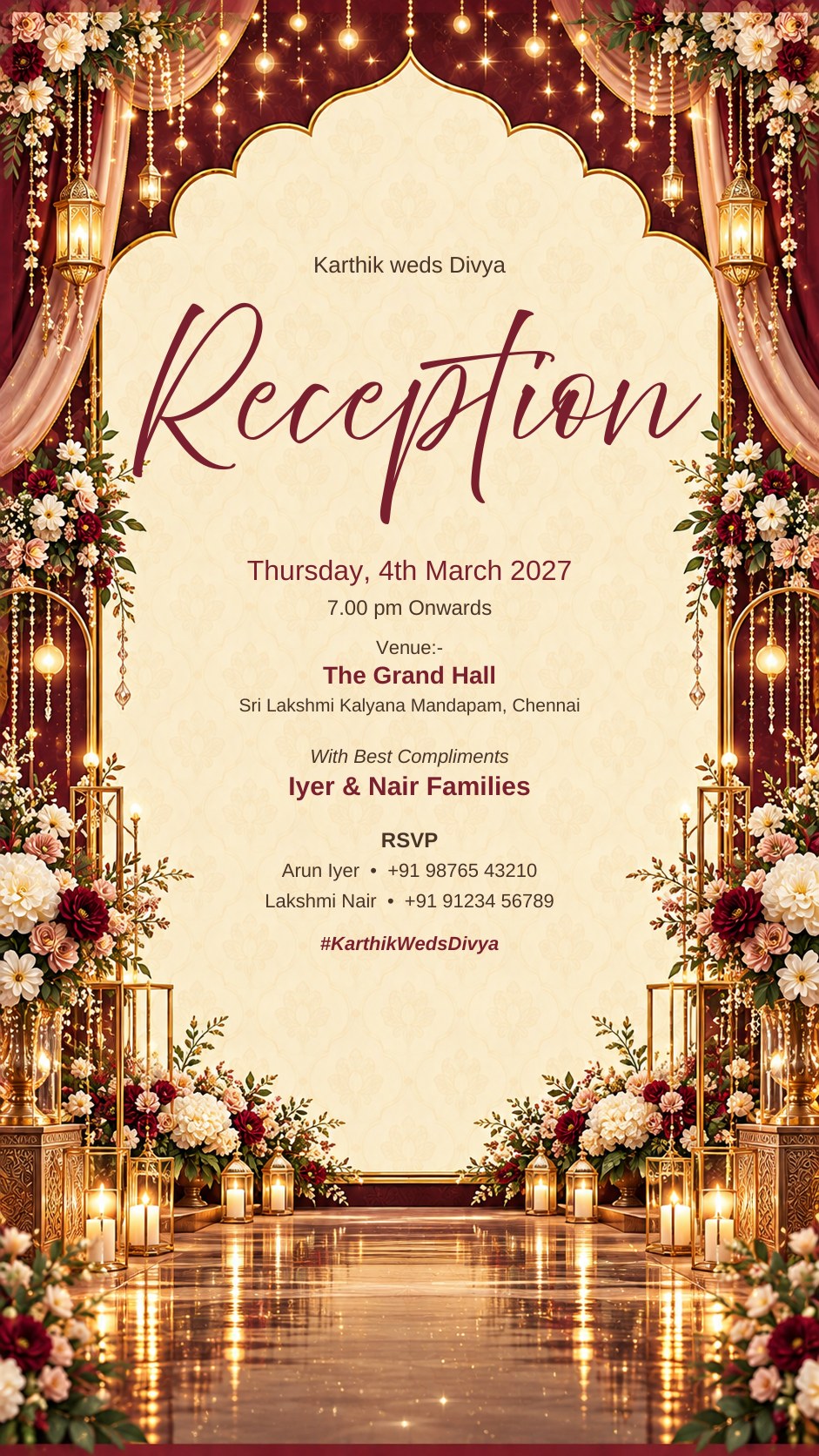 Wedding reception e-invite in maroon and gold with drapes, hanging lanterns and flower stands, EINV-007