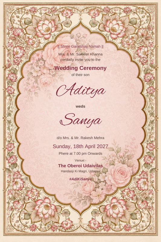 Wedding invitation e-card in blush pink with a gold scalloped frame, pink roses and an illuminated lotus border, EINV-008
