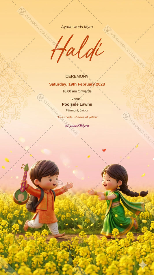 Haldi ceremony e-invite with a cartoon couple running to each other through yellow mustard fields, EINV-010