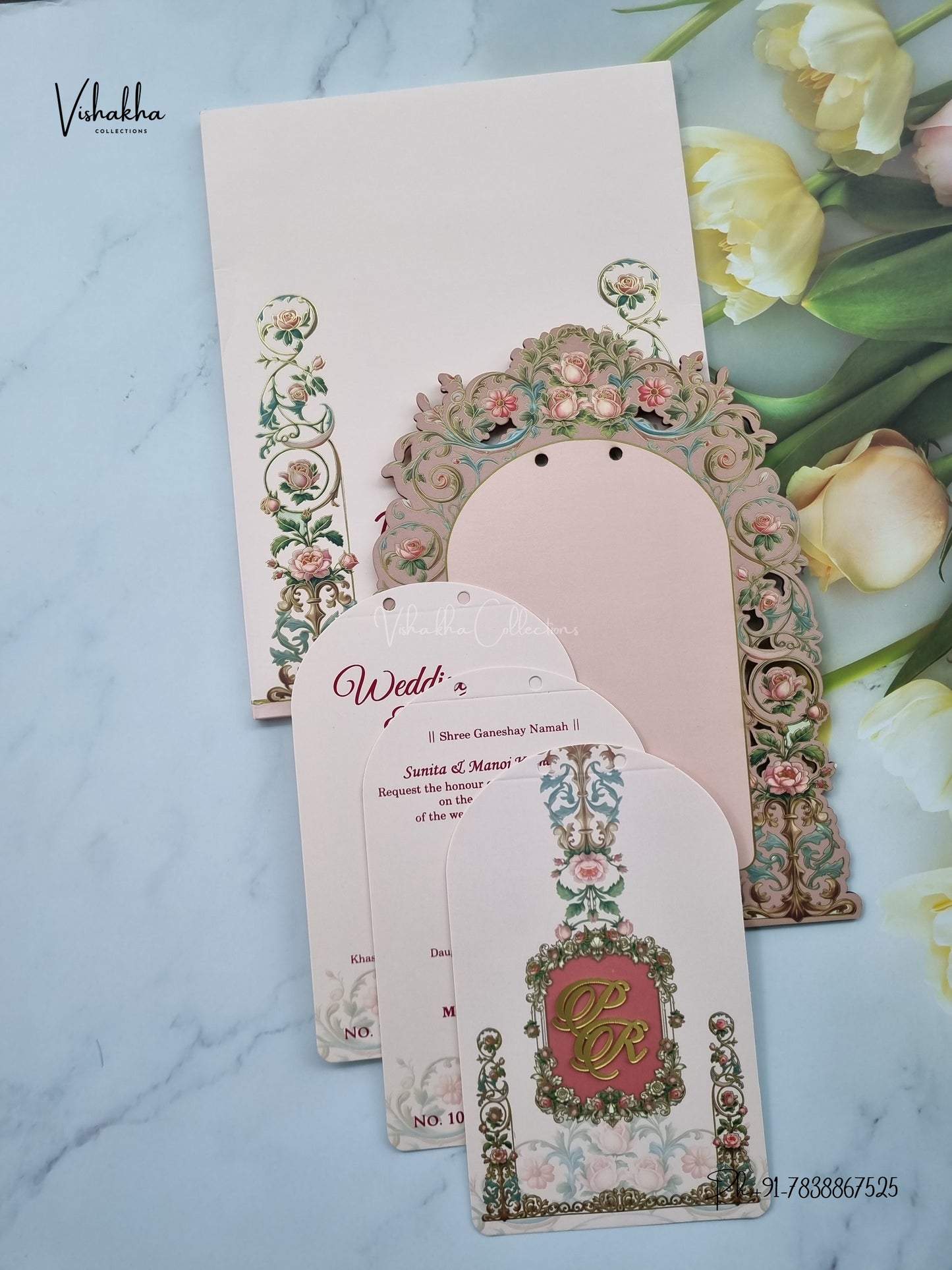 Semi Box MDF Board Laser Cut Ribbon Flower Hindu Muslim Christian Sikh Jain invitation Cards LN-1006 – image 3