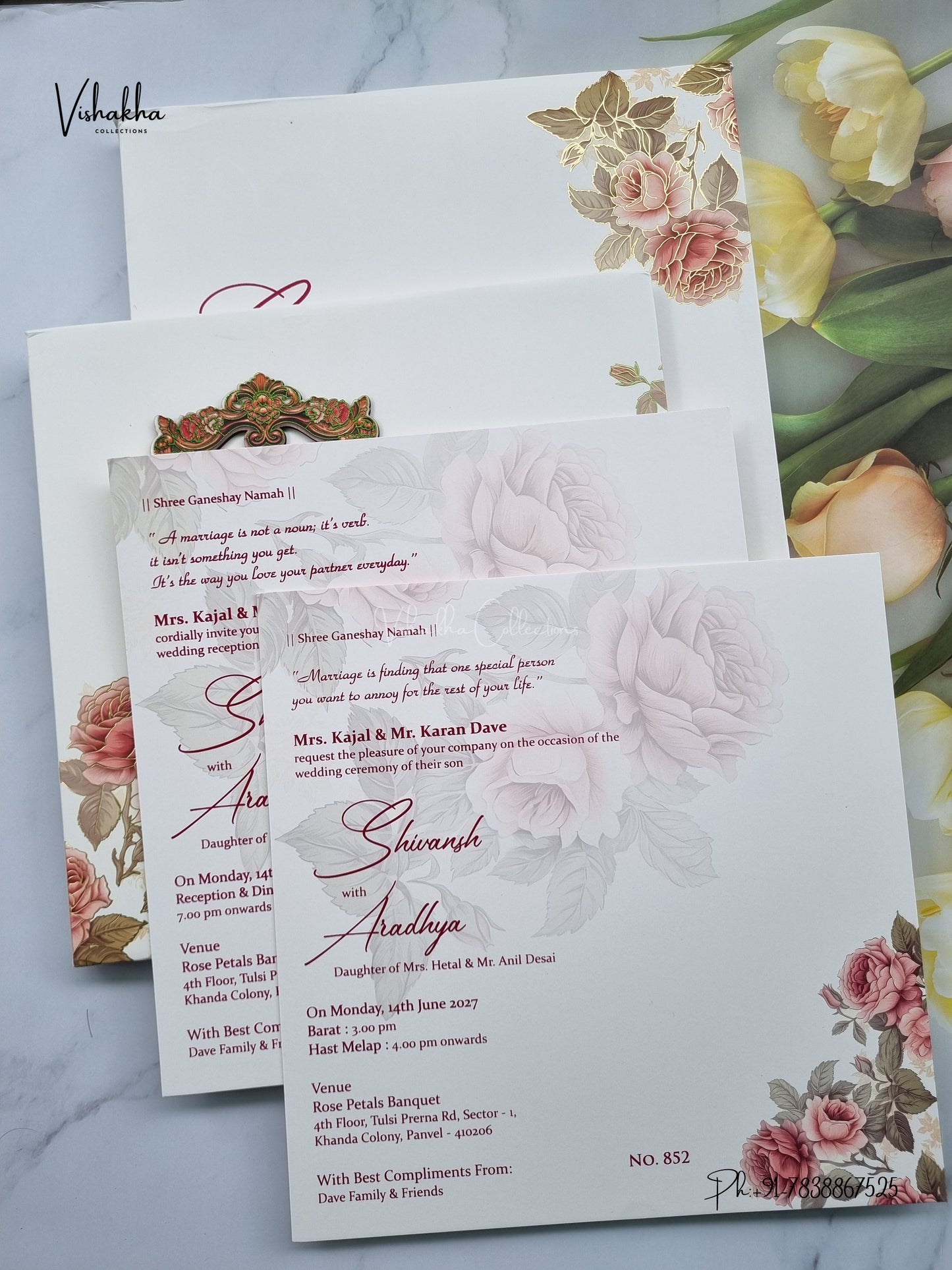 Semi Box MDF Board Laser Cut Padded Rose Hindu Muslim Christian Sikh Jain invitation Cards LN-852 – image 3