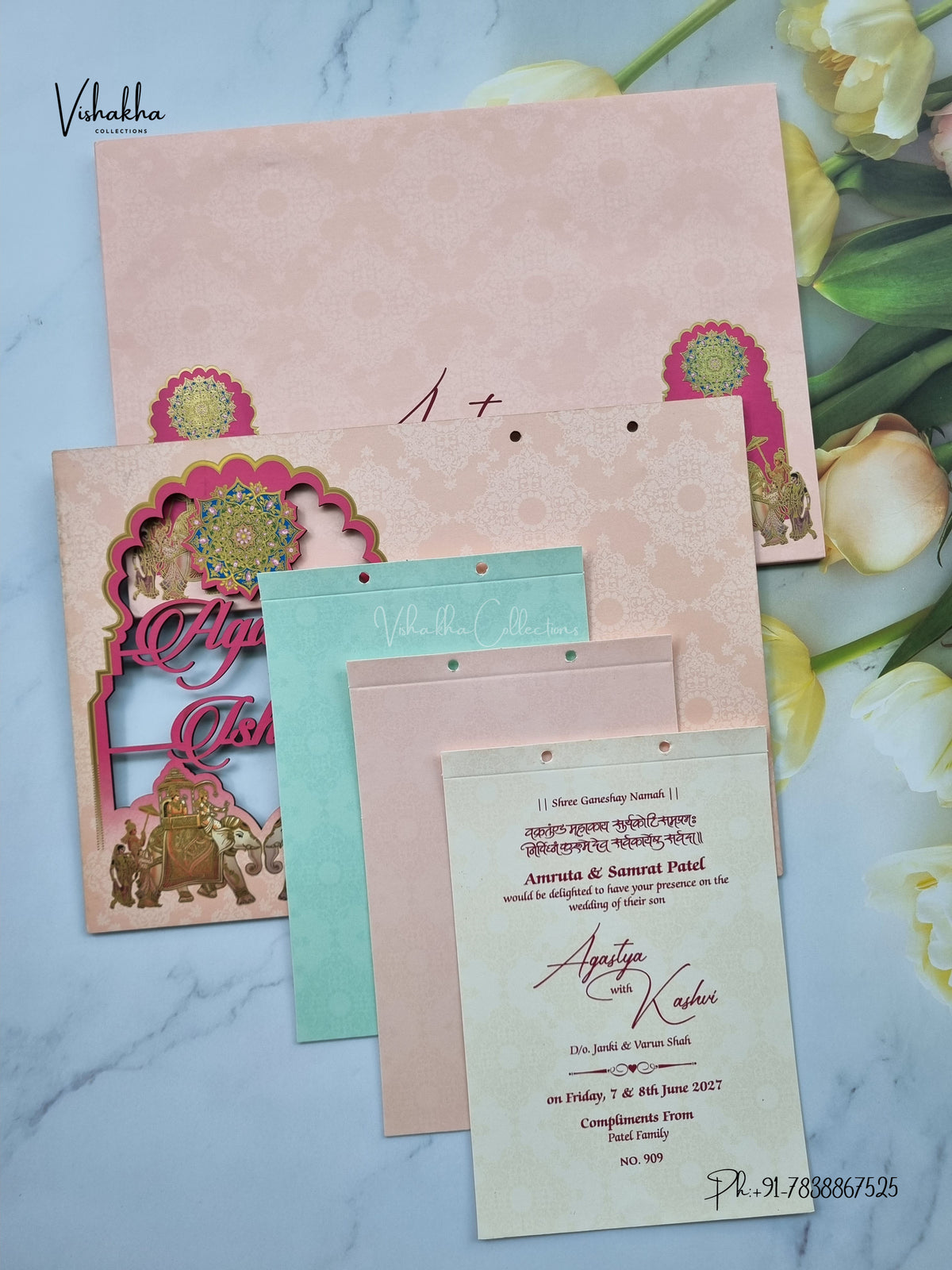 Semi Box MDF Board Laser Cut Ribbon Hathi Hindu Muslim Christian Sikh Jain invitation Cards LN-909-NEW – image 3