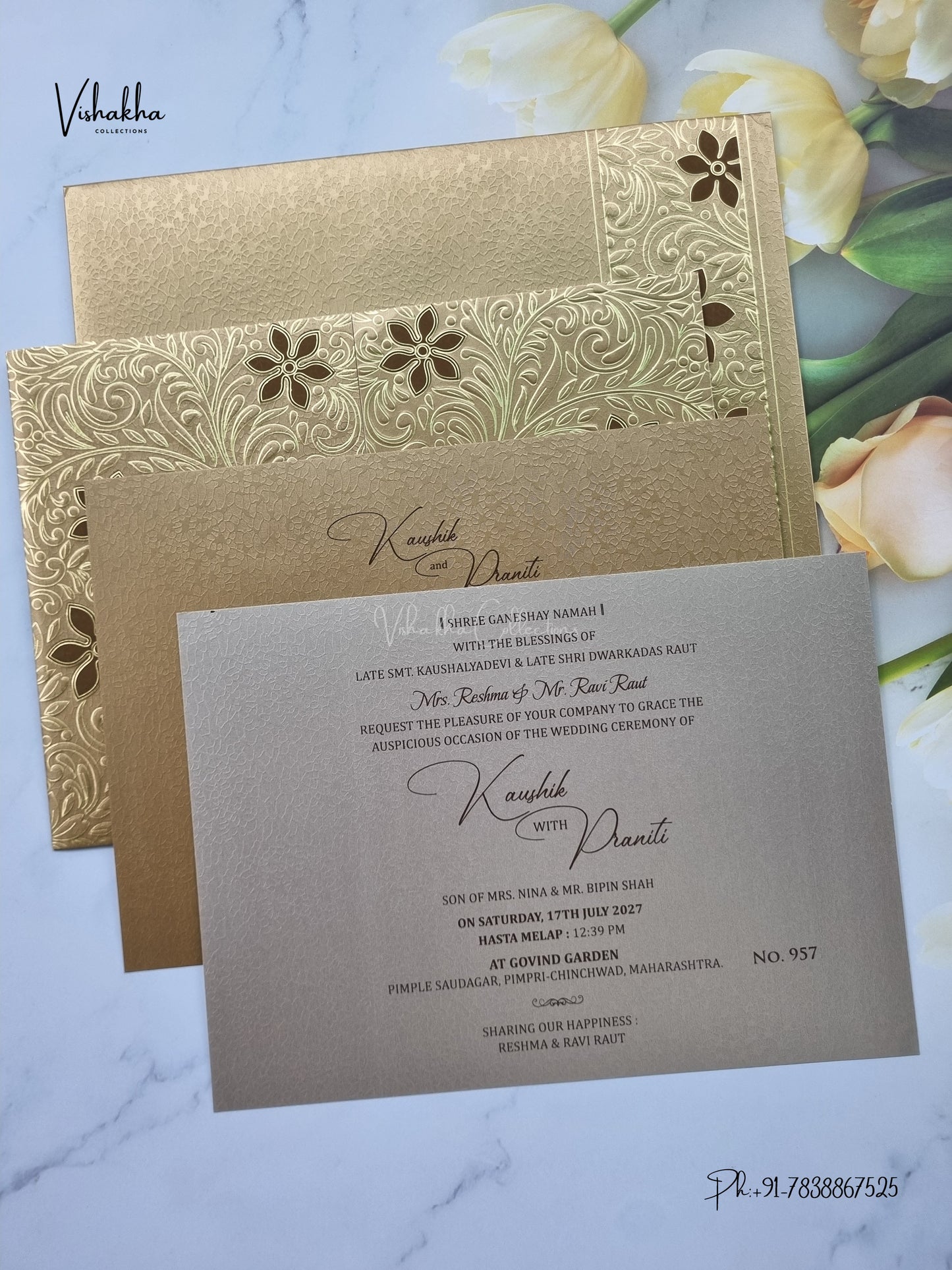 Double Door Flower Hindu Muslim Christian Sikh Jain invitation Cards LN-957 – image 3