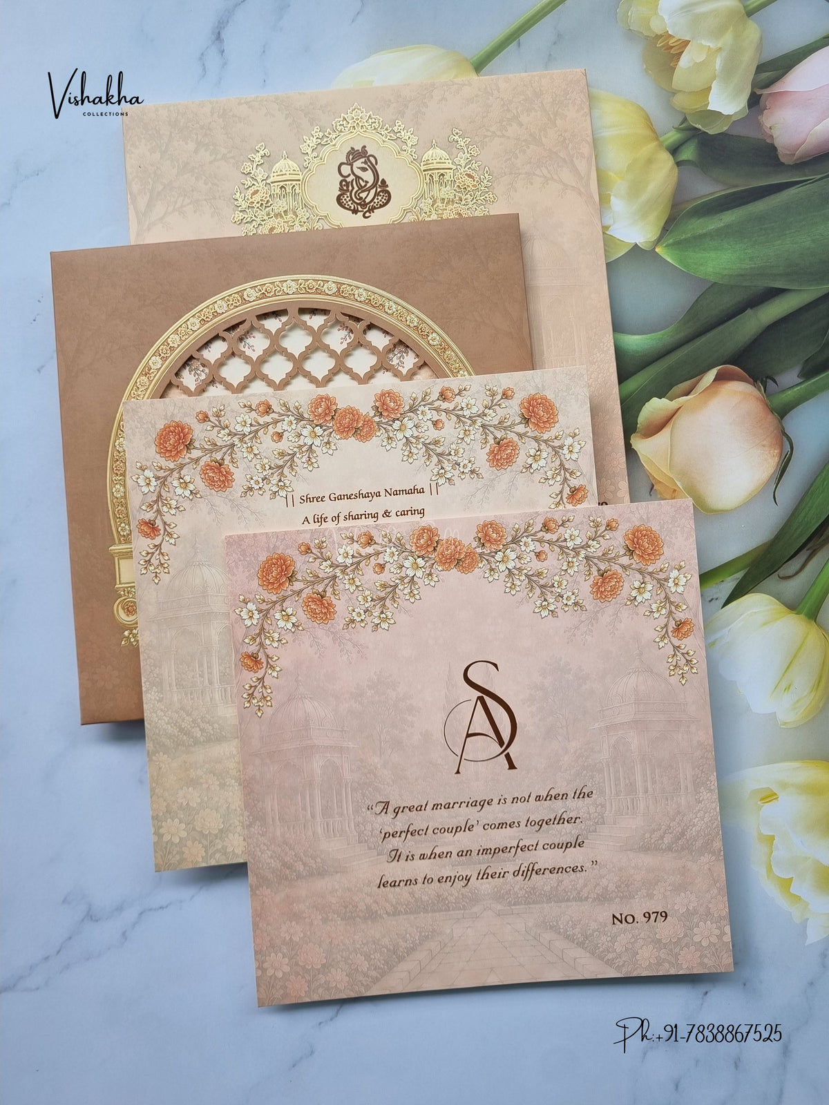 Semi Box Laser Cut Padded Flower Hindu Muslim Christian Sikh Jain invitation Cards LN-979 – image 3