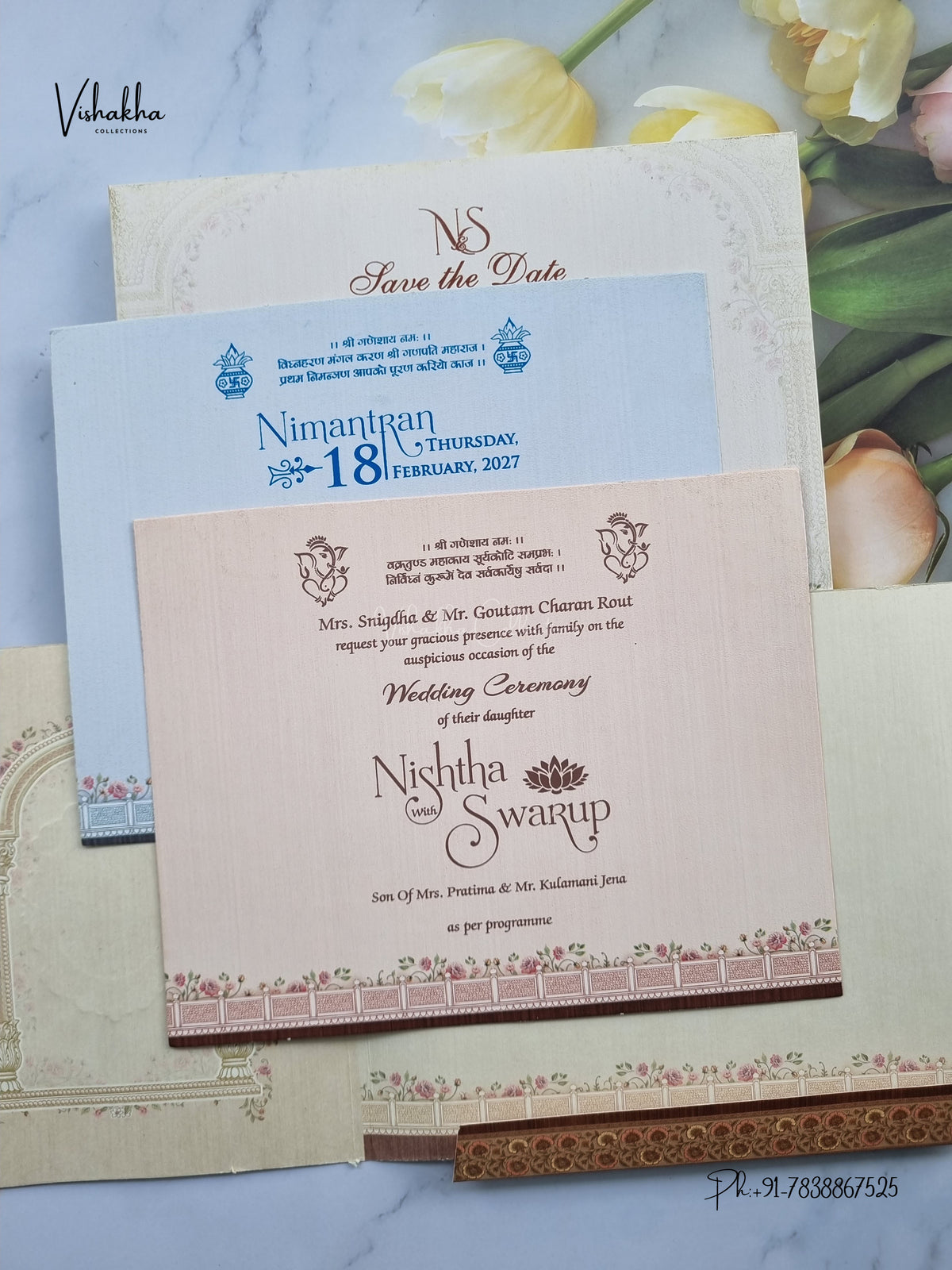 Semi Box Double Door Ganesh Ji Flower Hindu Jain invitation Cards NA-1126-100 – image 3