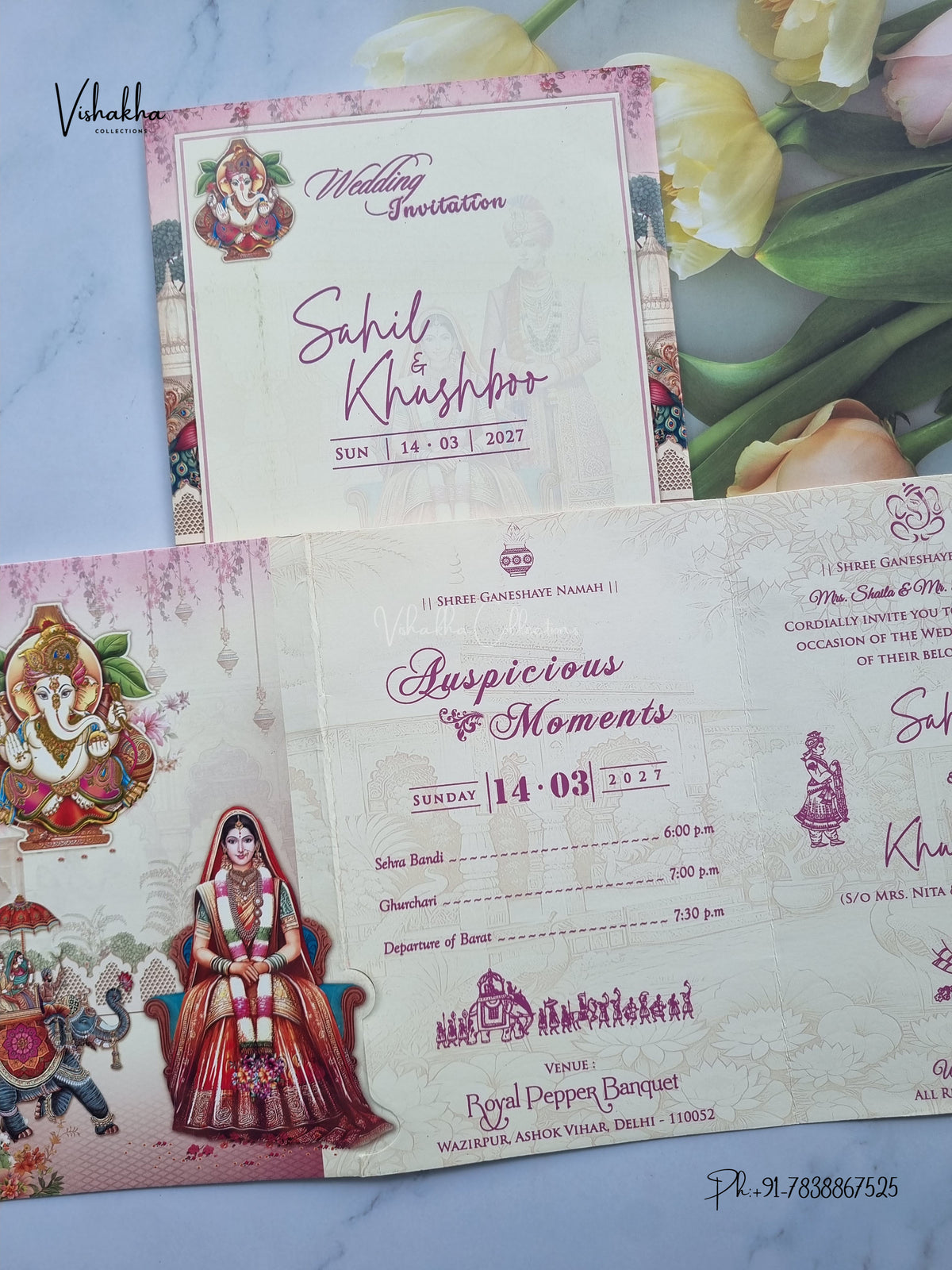 Three Fold Ganesh Ji Dulah Dulhan Barat Hindu Jain invitation Cards NA-1126-163 – image 3