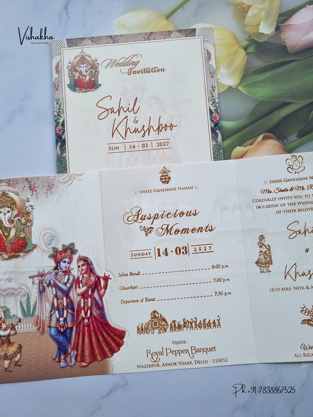 Three Fold Ganesh Ji Radha Krishna Hindu Jain invitation Cards NA-1126-164 – image 3