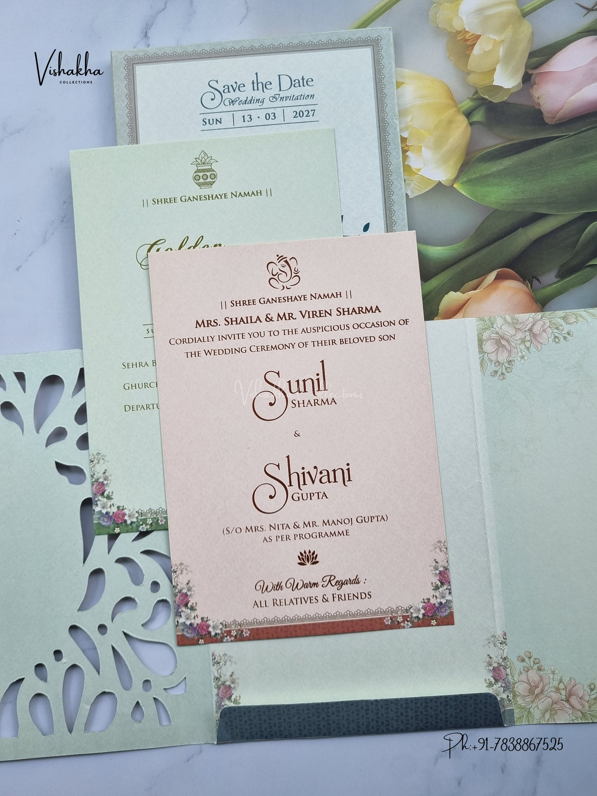 Semi Box Three Fold Ganesh Ji Flower Hindu Jain invitation Cards NA-1126-95 – image 3