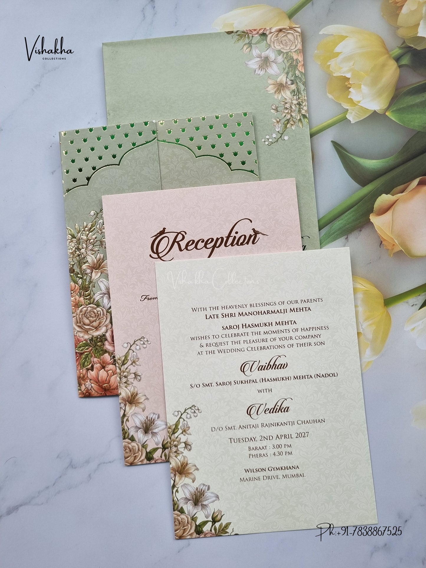 Double Door Flower Hindu Muslim Christian Sikh Jain invitation Cards SK-3562 – image 3