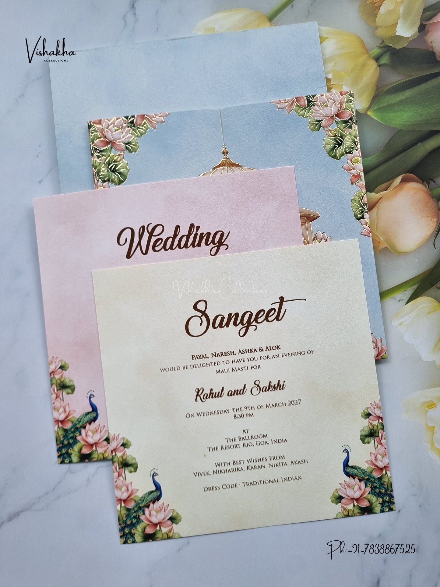 Semi Box Double Door Peacock Hindu Muslim Christian Sikh Jain invitation Cards SK-3577 – image 3