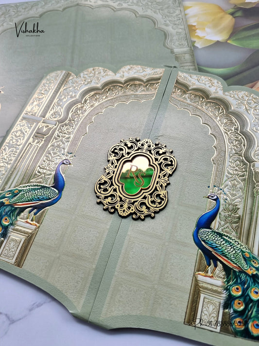 Semi Box Hexagon Double Door Peacock Hindu Muslim Christian Sikh Jain invitation Cards SK-3585 – image 2