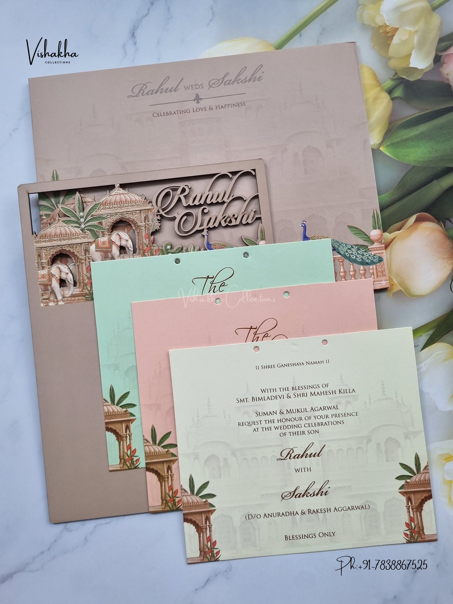 Semi Box MDF Board Laser Cut Hathi Peacock Hindu Muslim Christian Sikh Jain invitation Cards SK-3599 – image 3