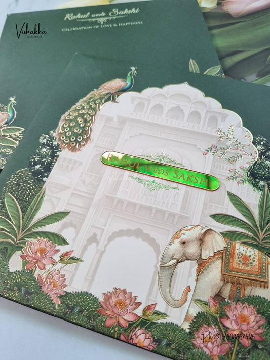 Semi Box Padded Peacock Hathi Hindu Muslim Christian Sikh Jain invitation Cards SK-3644 – image 2