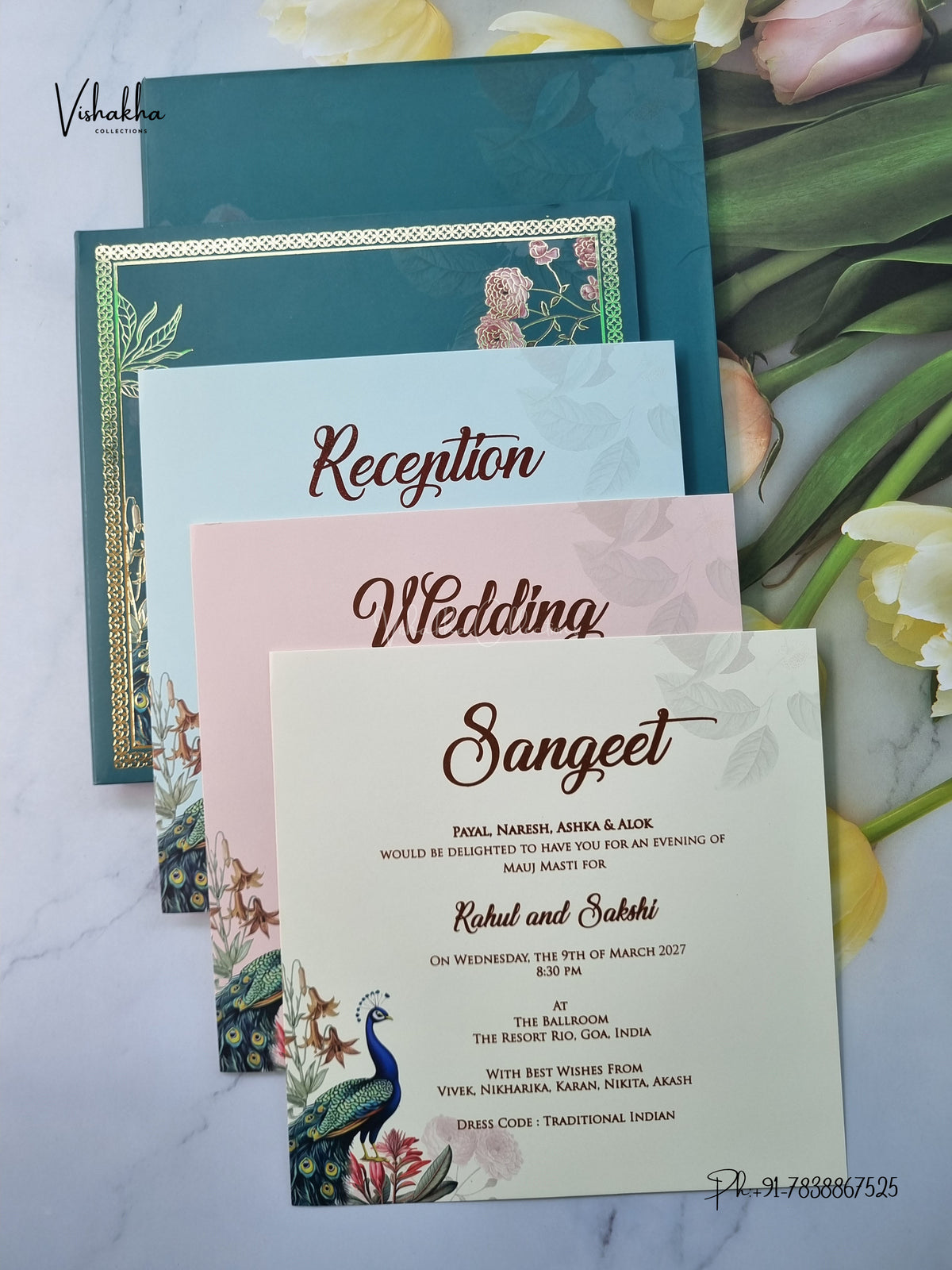 Semi Box Padded Peacock Hindu Muslim Christian Sikh Jain invitation Cards SK-3645 – image 3