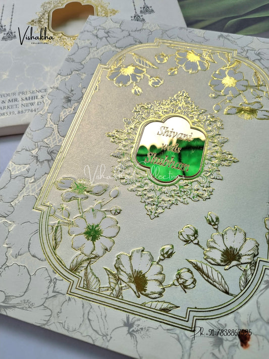 White And golden Hindu Muslim Christian Sikh Padded invitation Cards ATS-1305