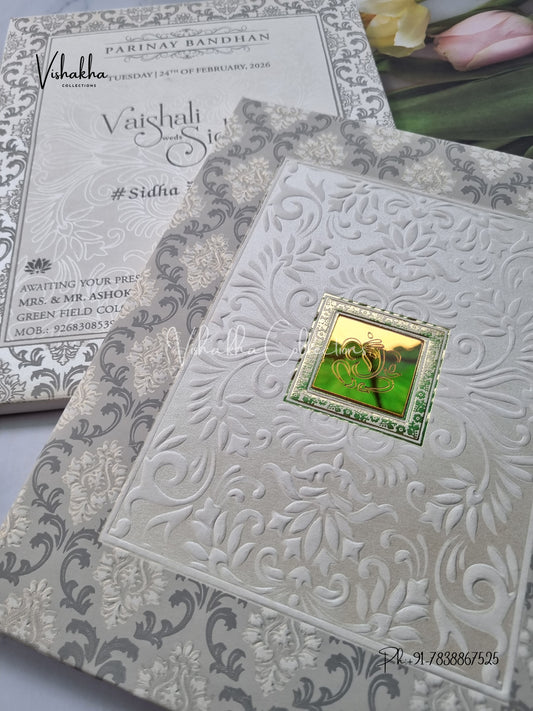 White And golden Hindu Muslim Christian Sikh Padded invitation Cards ATS-130P