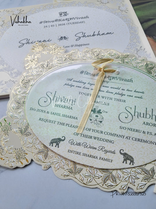 Semi Box White And golden Hindu Muslim Christian Sikh invitation Cards ATS-1648