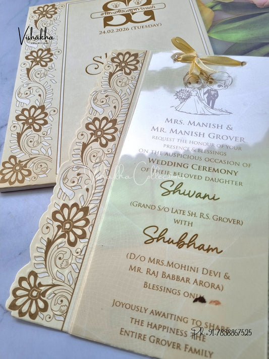 Semi Box White And golden Hindu Muslim Christian Sikh invitation Cards ATS-1720