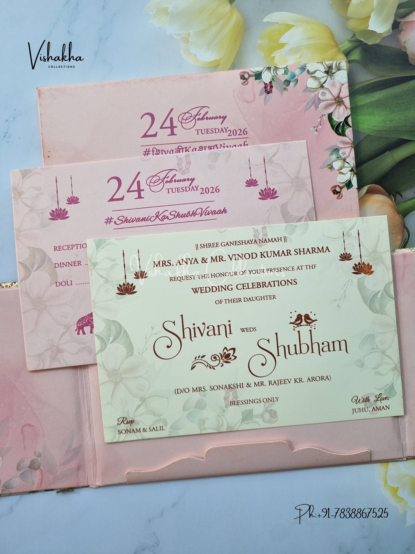Flower Double Door Hindu Muslim Christian Sikh Padded invitation Cards ATS-206