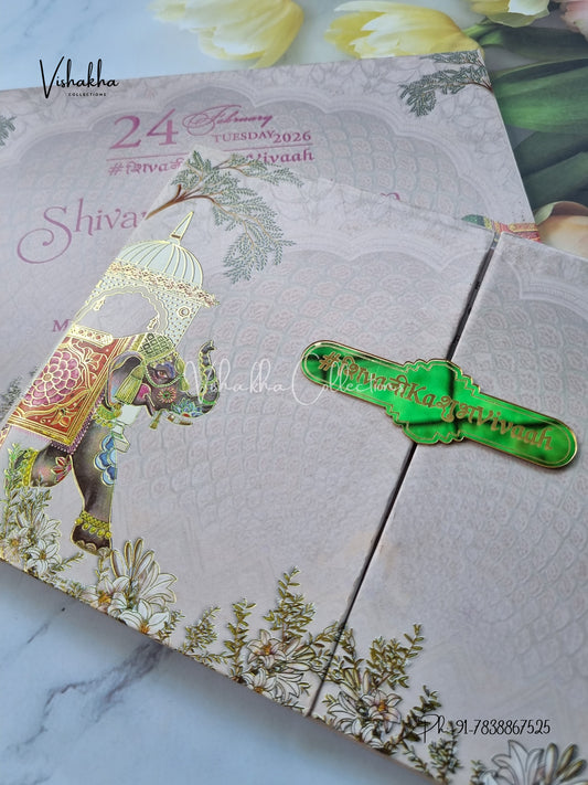 Hathi Double Door Hindu Sikh Padded invitation Cards ATS-208