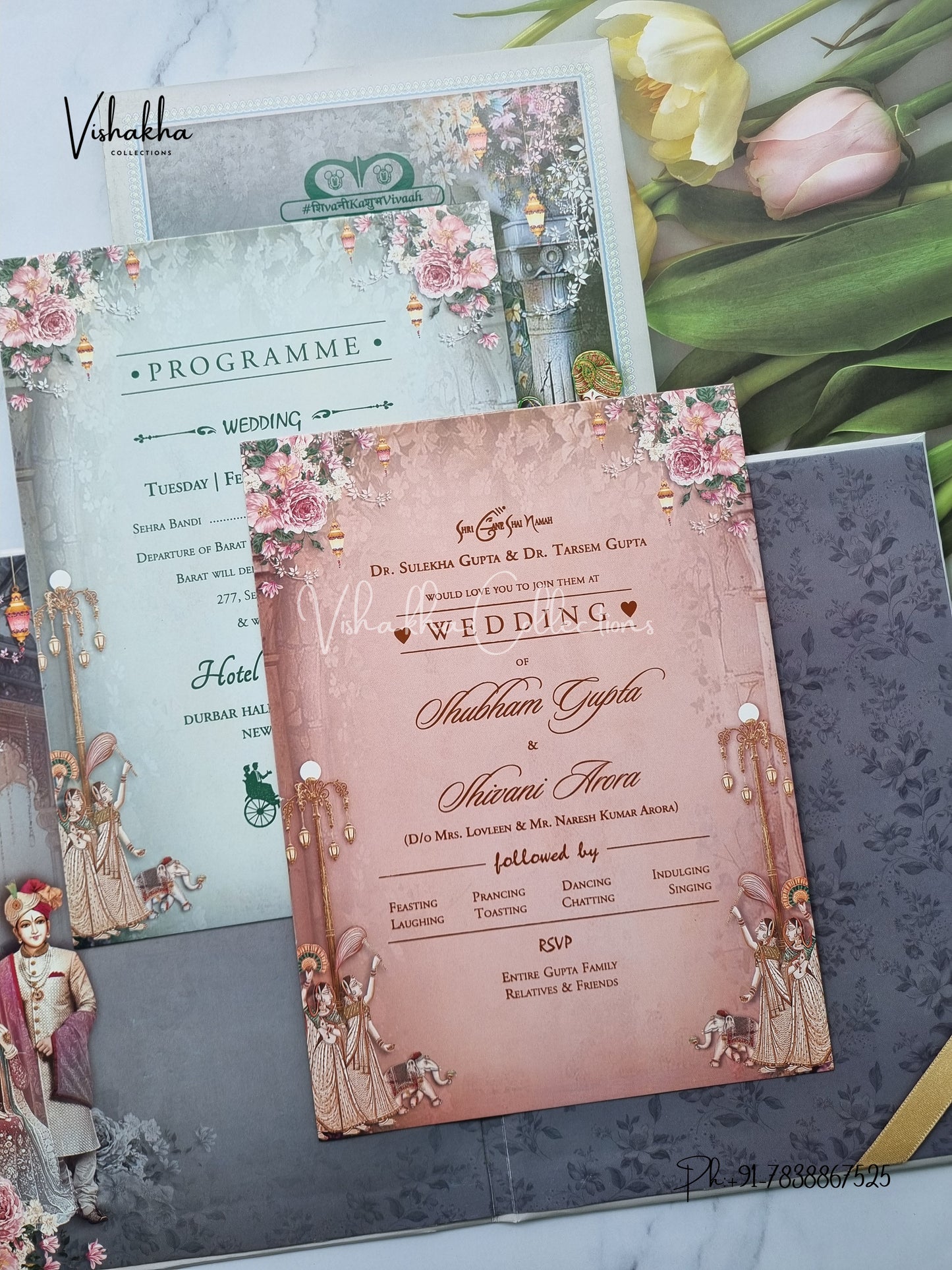 Dulah Dulhan Flower Hindu Sikh Padded invitation Cards ATS-229