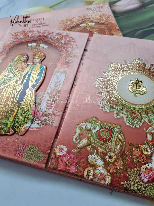 Hathi Dulah Dulhan Double Door Hindu Sikh Padded invitation Cards ATS-231