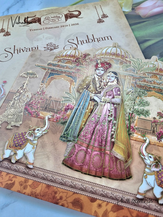 Barat Unique Concept Semi Box Hathi Dulah Dulhan Hindu Sikh invitation Cards ATS-5215